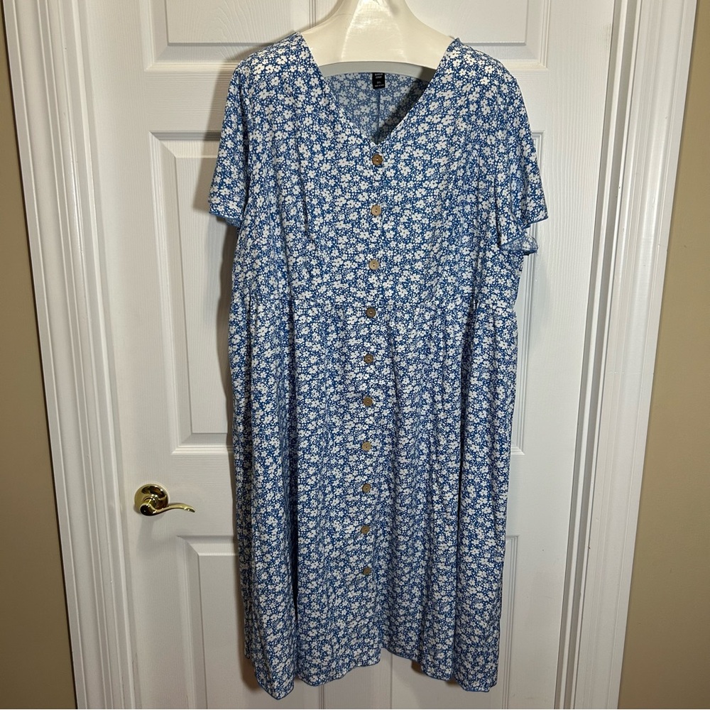 SHEIN Blue and White Midi V-Neck Sundress
